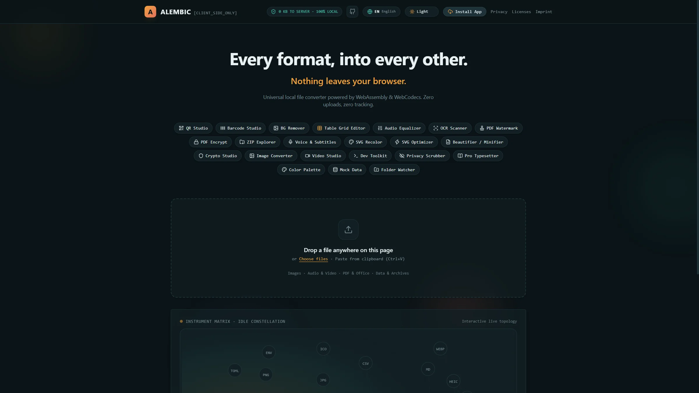 ALEMBIC Converter — universeller In-Browser Datei-Konverter ohne Server-Uploads, 100% lokal via WebAssembly.