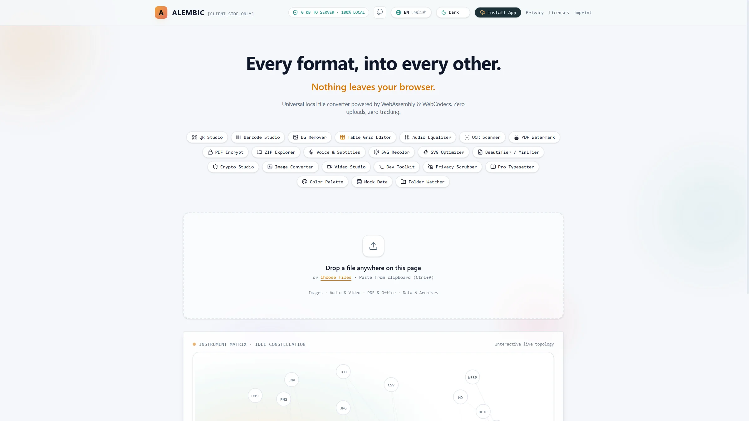 ALEMBIC Converter — universeller In-Browser Datei-Konverter ohne Server-Uploads, 100% lokal via WebAssembly.