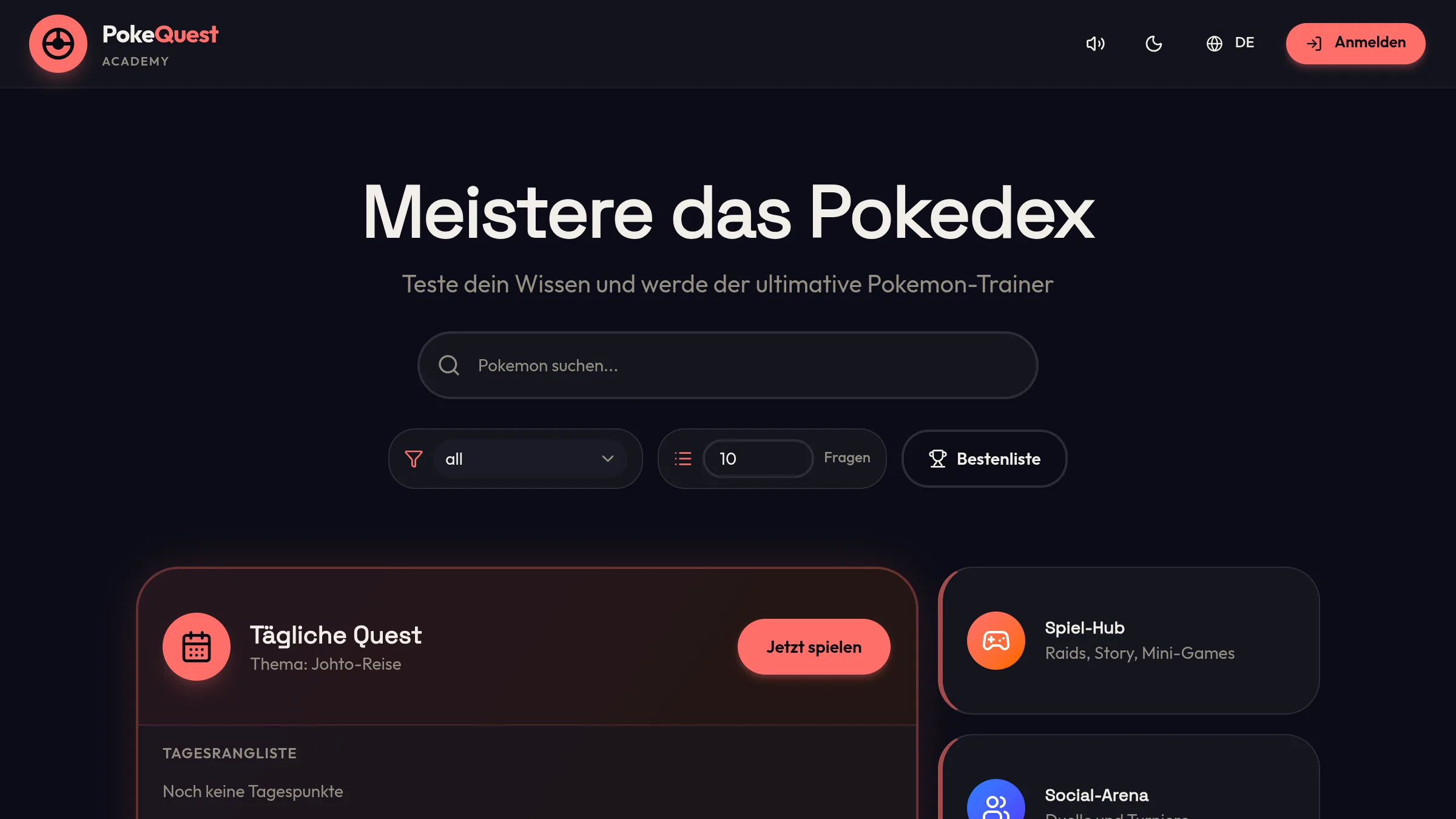 PokeQuest Academy — interaktive Pokémon-Quiz-Web-App mit Tagesquests, Spiel-Hub und Bestenliste.