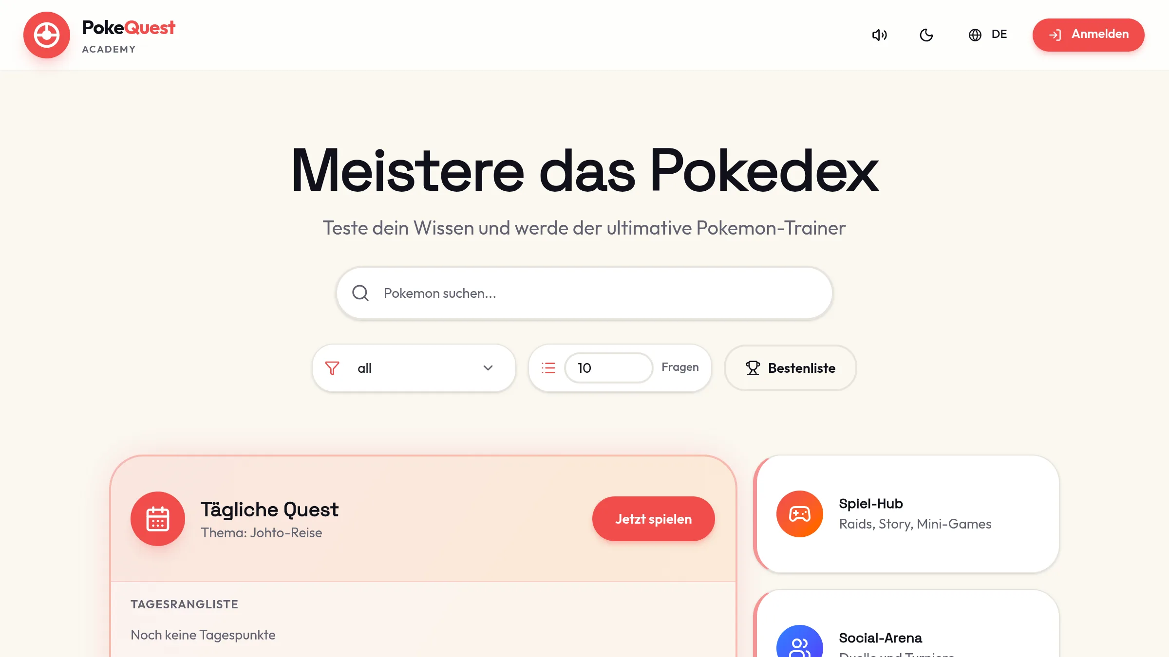 PokeQuest Academy — interaktive Pokémon-Quiz-Web-App mit Tagesquests, Spiel-Hub und Bestenliste.